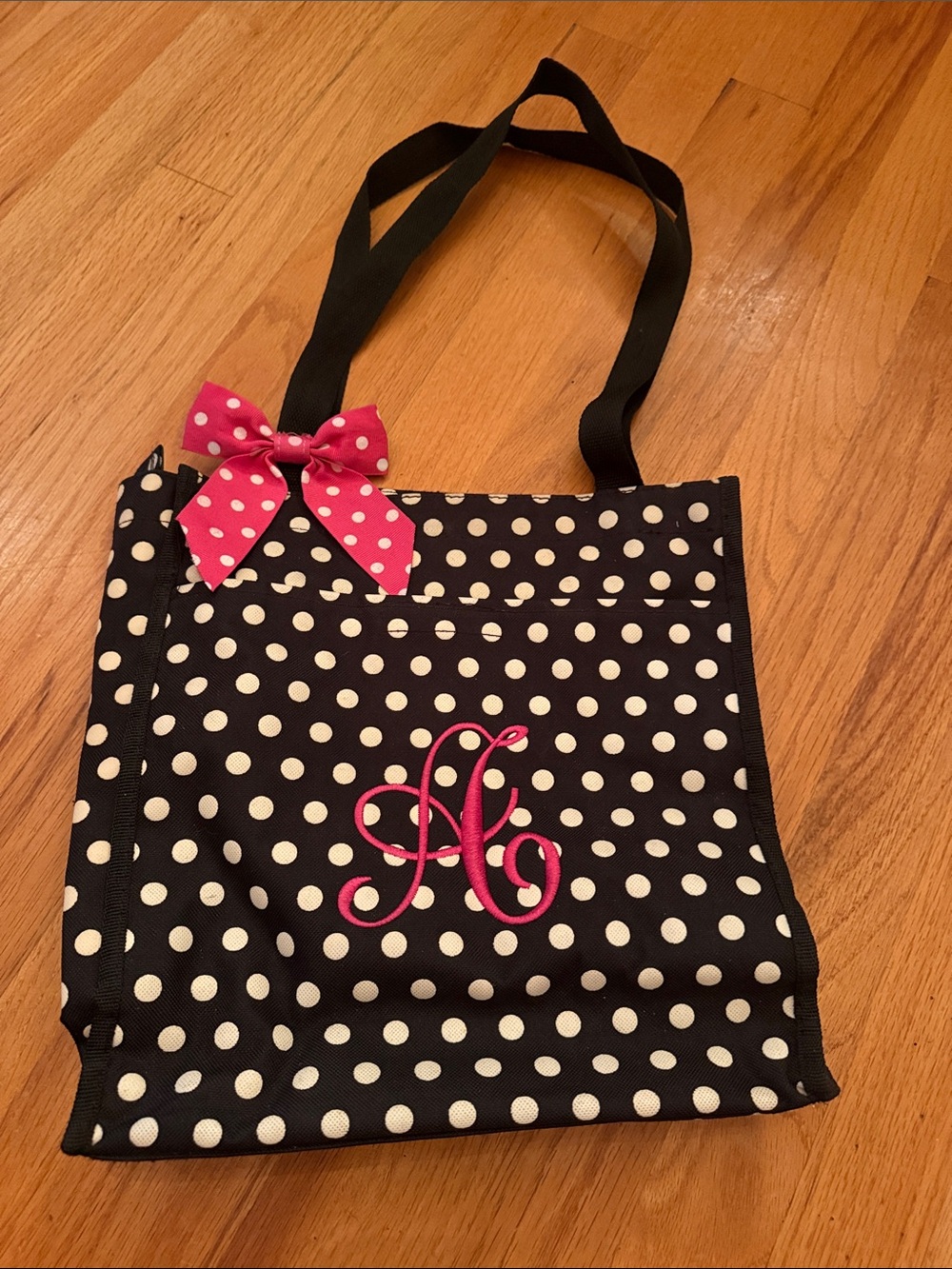 Personalized Black Polka Dot Tote with Pink Monogram Bow